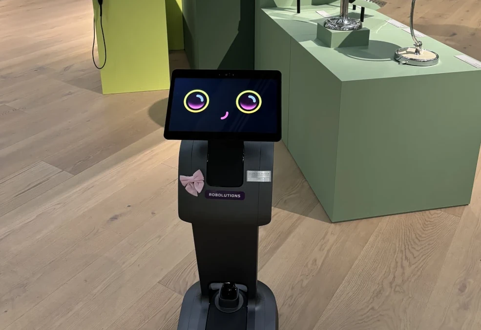 Zentral im Bild ist ein schwarzer Roboter zu sehen. Mit großen Augen und einem angedeuteten Lächeln scheint er den Besucher anzuschauen. Er trägt eine rosa Schleife und einen Aufdruck "Robolutions".