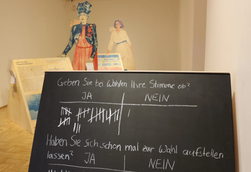 Blick in eine Museumsausstellung mit Informationstafeln im Hintergrund. Im Bild sind zwei lebensgroße Figuren von Frauen als Aufsteller, und Informationstafeln im Bild. Im Vordergrund ist eine Tafel auf der mit Kreide geschrieben ist "Geben Sie bei Wahlen Ihre Stimme ab?". Die Besucher:innen haben die Möglichkeit mit Kreide, einen Strich für Ja oder Nein zu setzen. Die warm beleuchtete Ausstellung vermittelt einen historischen Kontext zur Frauenbewegung und jüdischen Aktivistinnen.