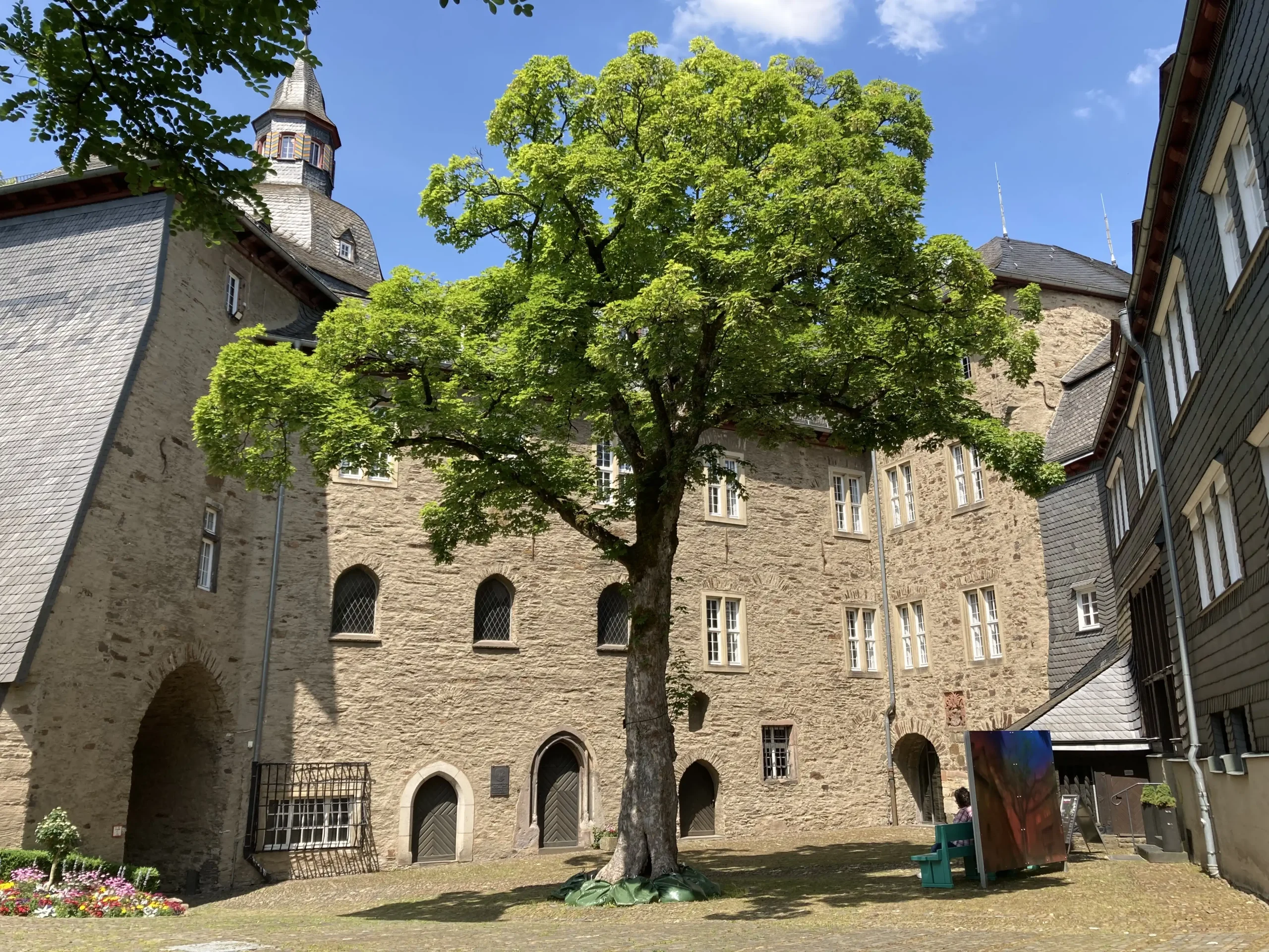 Es zeigt den Teil eines Schlossbaus, mit unten vergitterten Fenstern und altem Mauerwerk. Oben ist ein Turm zu sehen. davor ein großer Baum.