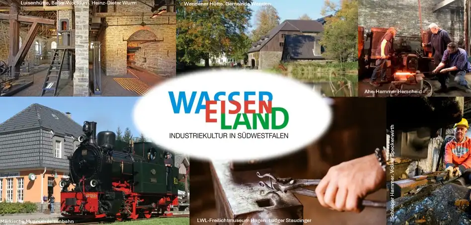 In der Mitte steht "Wasser Eisen Land Industriekultur in Südwestfalen": Darumherum sind als Kollage verschiedene Fotos von verschiedenen Hütten, Stahlwerken, einer Museumseiesenbahn, sowie Schmiedehandwerk und Industrie zu sehen.